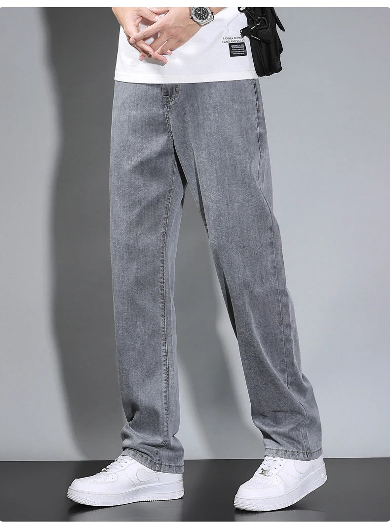 Summer Thin Men's Straight Loose Gray Jeans Soft Fabric Lyocell Fabric Light Colored Casual Pants Male Brand Trousers