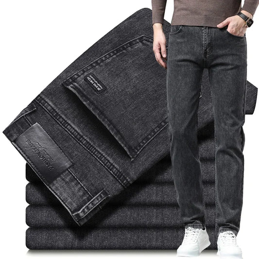 New Men's Stretch Grey Jeans Classic Slim Business Fashion Black Elasticity Denim Pants Male Brand Casual Trousers