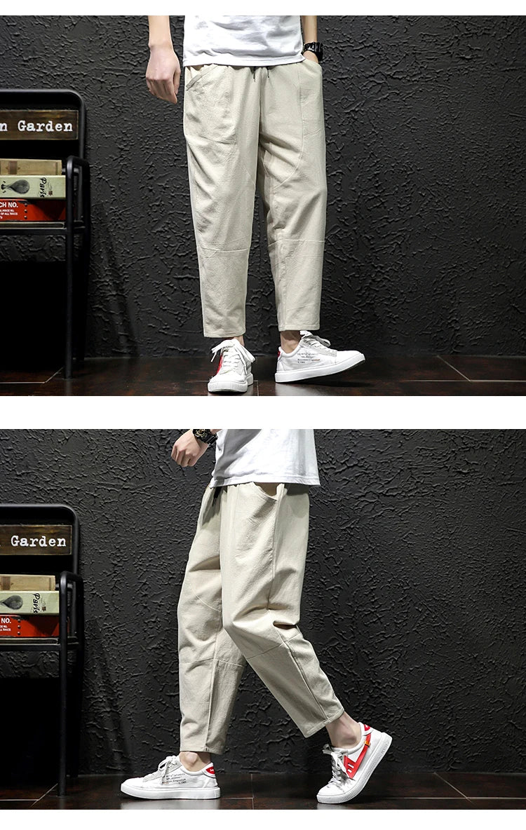 100% Cotton Ankle Length Pants Summer Casual Pants Man Trendy Japanese Loose Pants Men