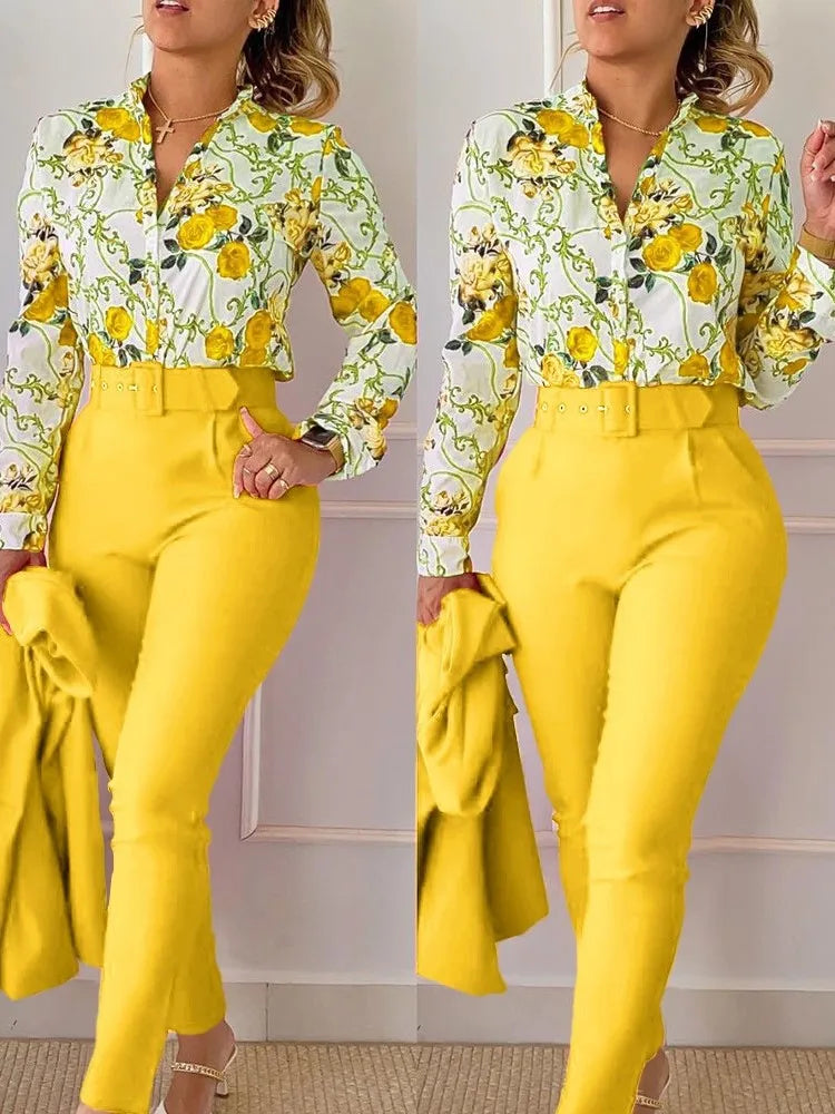 Elegant Women Two Piece Set Suits Fall New Fashion Print Long Sleeve Top Solid Color Pants Set With Belt  Blouses Female Clothes