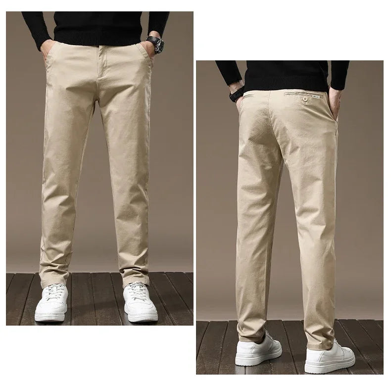 Autumn New Pure Cotton Casual Pants for Men Black Khaki Gray Business Slim Straight Elastic Fashion Casual Long Pants Male