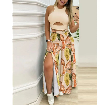 Two Piece Sets Womens Outifits 2024 Summer Print Temperament Sleeveless Slim Top & Casual High Waist Fashion Wide Leg Pants Set