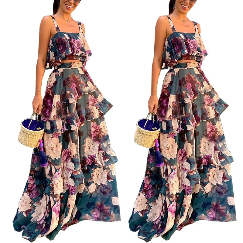 BAMBOOBOY 2 Piece Set Women Stylish Floral Elegant Printed Sleeveless Short Top+Loose High Waist Pleated Long Skirt Sets