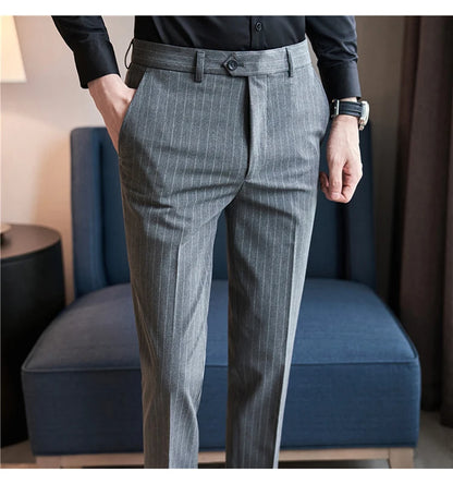 Autumn Winter Thickened Striped Suit Pant Men Business Slim Fit Long Pants Formal Office Social Party Casual Pants Streetwear