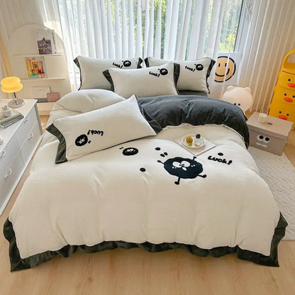 Lotso Stellalou Mickey Pooh Bear simple cartoon print comfortable and warm milk velvet bed sheet and quilt cover four-piece set