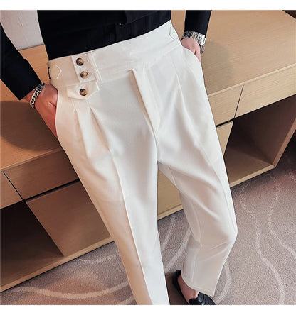 British Style Pants Men High Waist Belt Design Casual Slim Formal Office Dress Pant Men Social Wedding Party Dress Suit Trousers