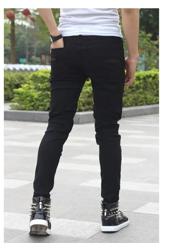 Motorcycle Denim Pants Men's Black Jeans Fashion Stretch Zipper Skinny Jeans Leather Moto Biker Men Slim Pants Hot Selling