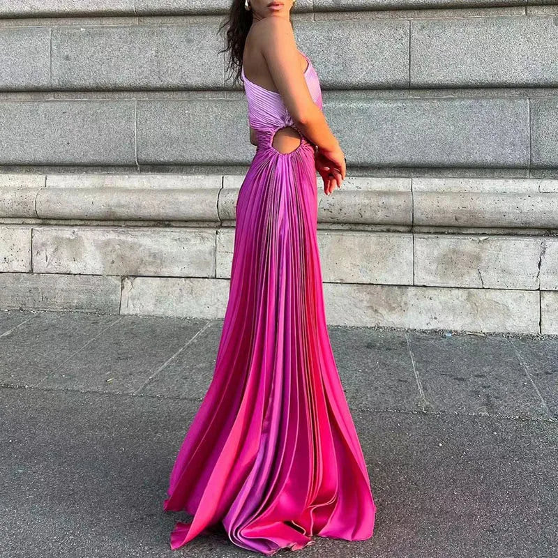 Elegant Women Ruffled Pleated Diagonal Collar Maxi Dress Evening Dress Spring Summer Backless Sleeveless Irregular Party Dresses