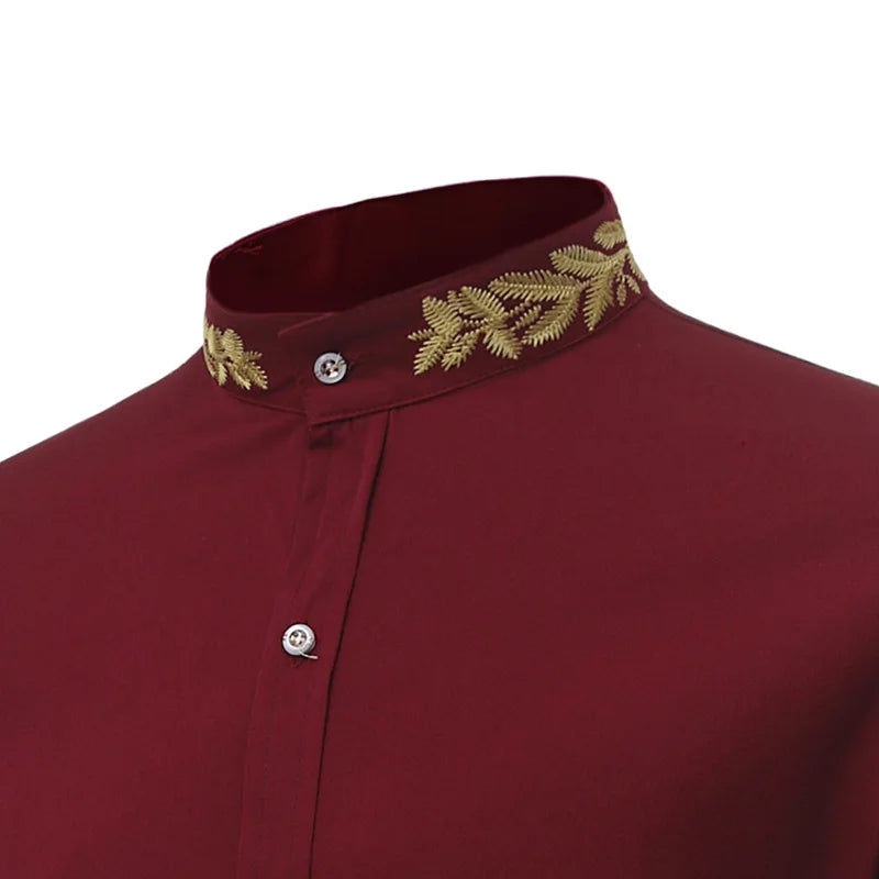 Men's Gold Embroidery Wine Red Dress Shirt For Banquet Formal Long Sleeve Wedding Shirt Male Business Dinner Prom Chemise Hombre