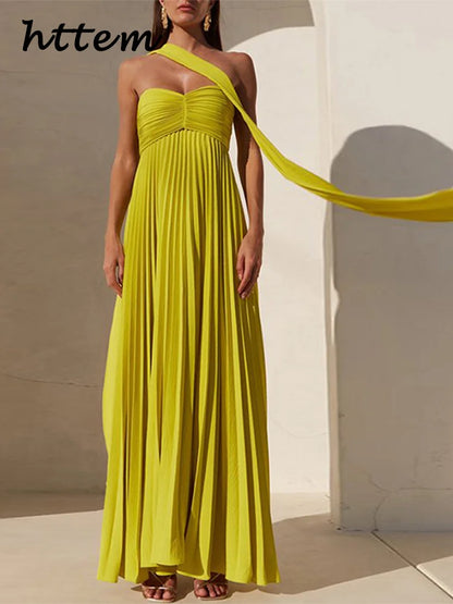 Elegant Strapless Ribbon Long Dress Women Sexy Sleeveless Backless Pleated Party Dresses 2024 Summer Lady Sexy Evening Robes New