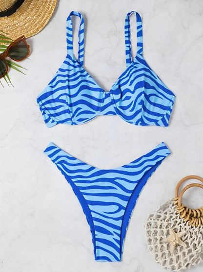 2024 Push Up Striped Print Two Piece Bikini Women Swimwear Female Swimsuit Bathers Bathing Swimming Suit Beachwear Summer