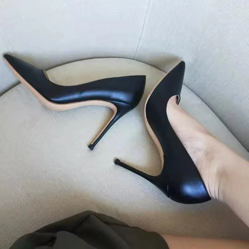 Matte Black Sexy 12cm Woman Super High Heels Pointed Toe Shallow Stilettos Pumps OL Work Ladies Slingback Dress Shoes