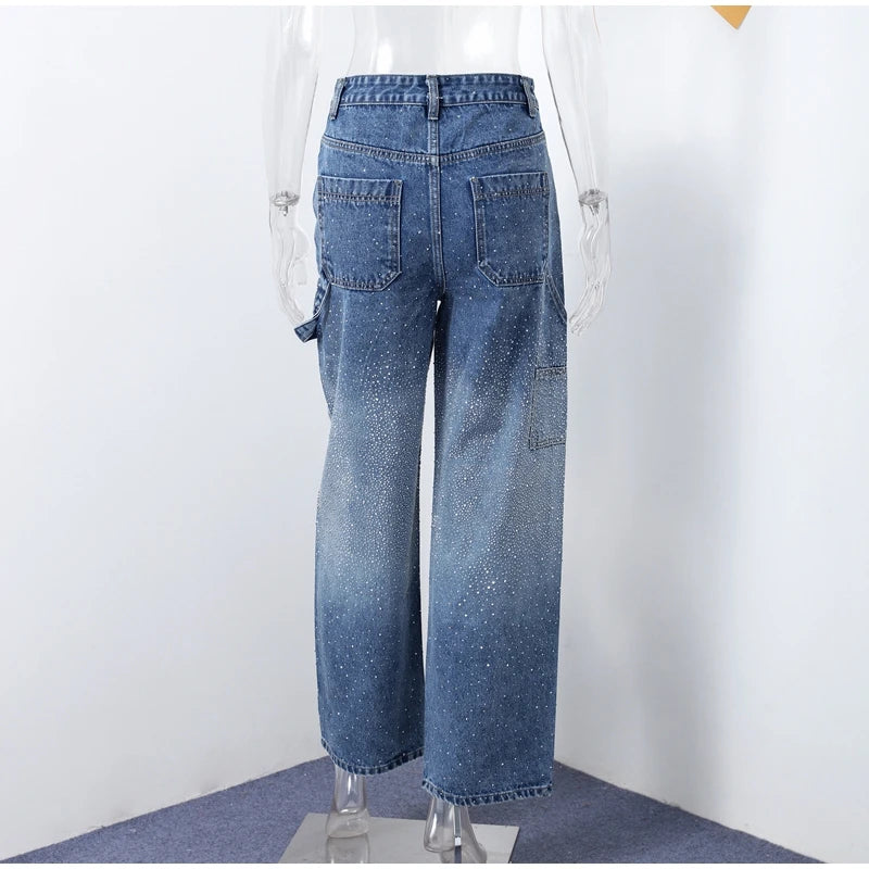 Rhinestone Wide Leg Lady Jeans Diamonds Denim Straigt High Waist Zipper Female Pants 2025 Fashion Pockets Street Lady Trouser