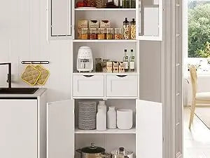 67" Tall Bathroom Storage Cabinet, Freestanding Linen Cabinet with Glass Doors & Drawer, Large Bathroom Pantry