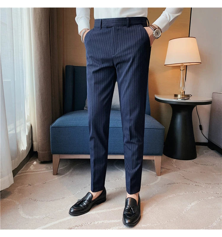 British Style Striped Slim Fit Suit Pant Men Business Casual Simple Dress Pants High Quality Social Wedding Party Trousers 38-28