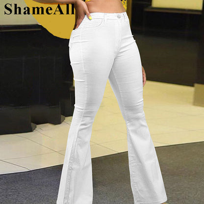 Loose Comfortabl White Flare Jeans 3XL Streetwear Women High Waist Stretchy Grunge Denim Pants Wide Leg Bell Bottoms