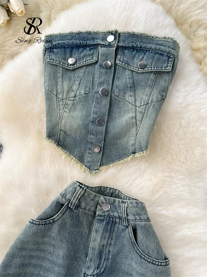 SINGREINY American Hot Girl Denim Suits Strapless Single Tassels Mini Irregular Tops+Holes Long Jeans Female INS Streetwear Sets