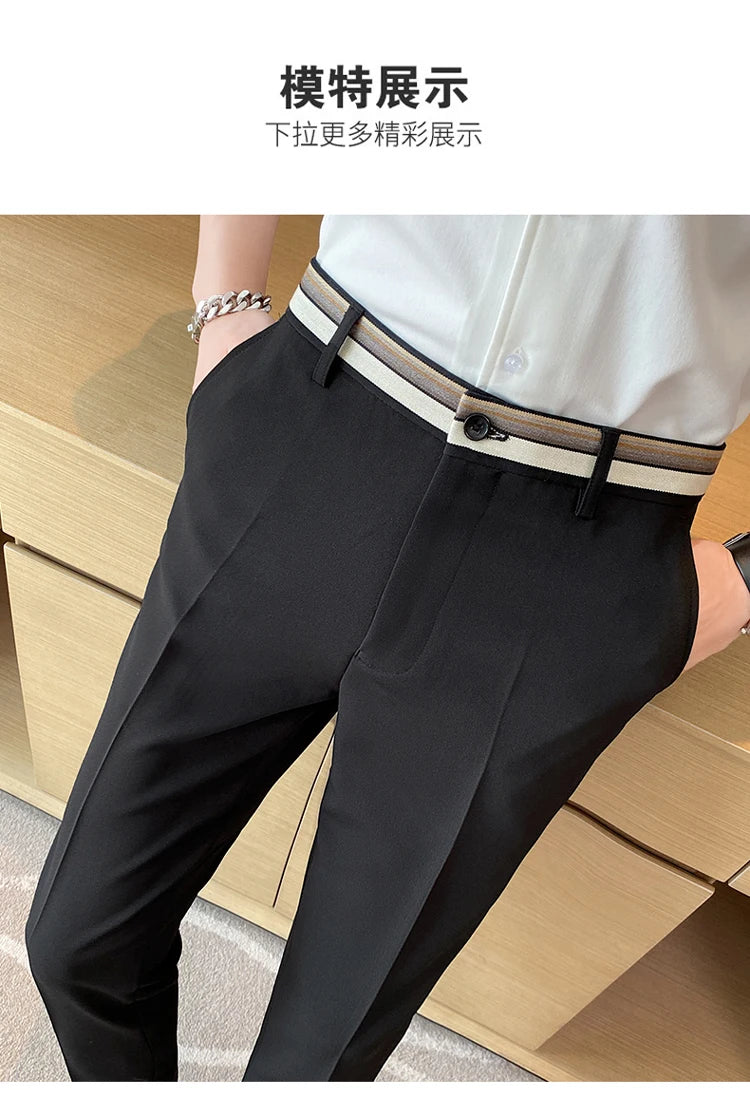 Fashion Waist Stripes Suit Pants 2022 Summer Black White Slim Fit Trousers Mens Brand Formal Business Wedding Casual Pant Hombre