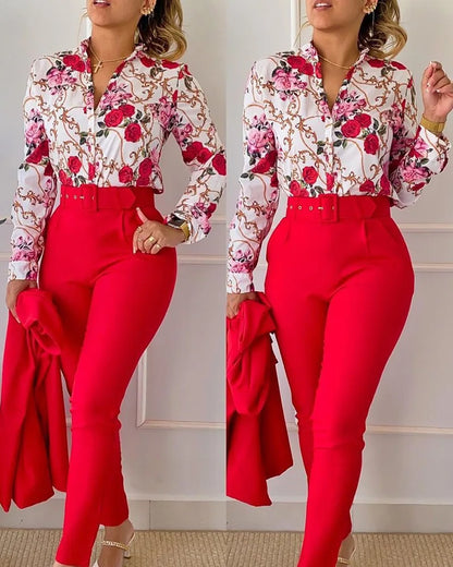 Elegant Women Two Piece Set Suits Fall New Fashion Print Long Sleeve Top Solid Color Pants Set With Belt  Blouses Female Clothes