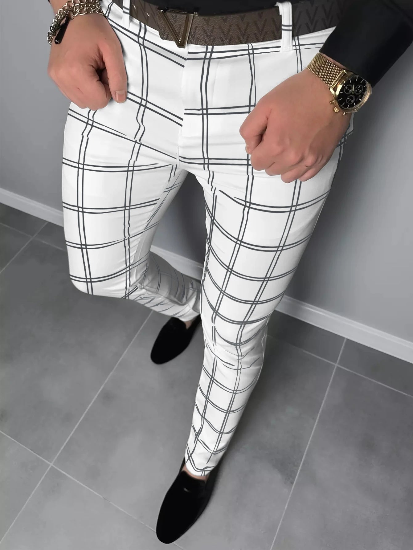 Checkered Fashion Europe and the United States Style Men's Pants Business Casual Travel Slim Pants Comfortable and Versatile