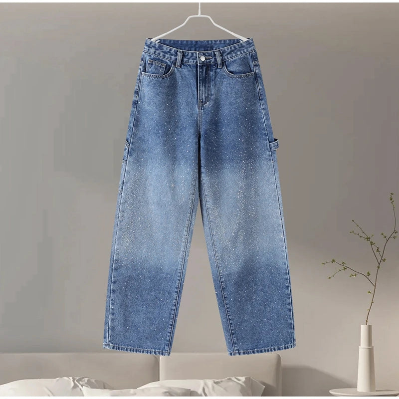 Rhinestone Wide Leg Lady Jeans Diamonds Denim Straigt High Waist Zipper Female Pants 2025 Fashion Pockets Street Lady Trouser