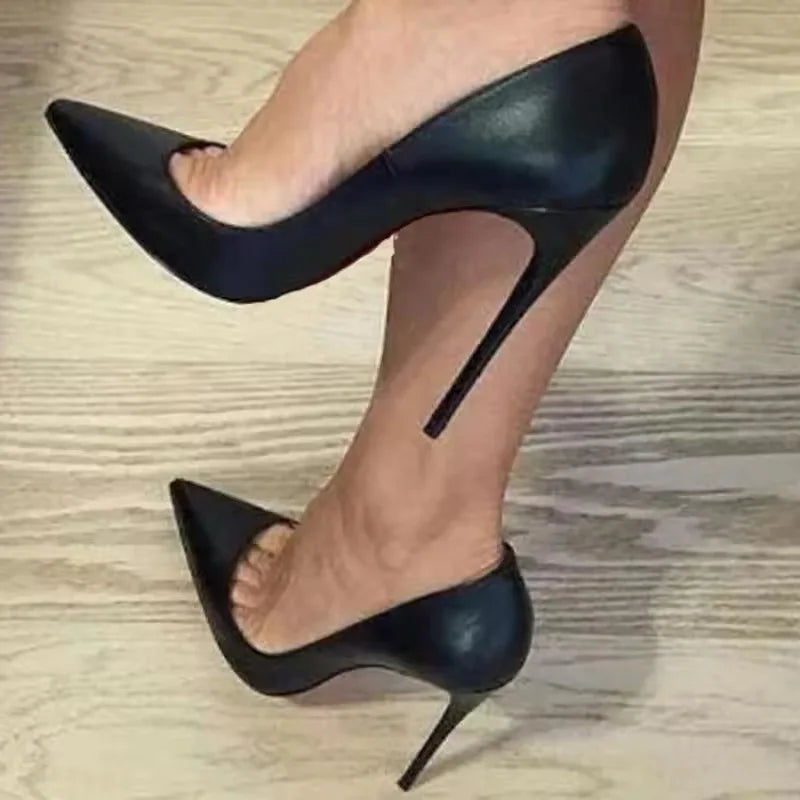 Matte Black Sexy 12cm Woman Super High Heels Pointed Toe Shallow Stilettos Pumps OL Work Ladies Slingback Dress Shoes