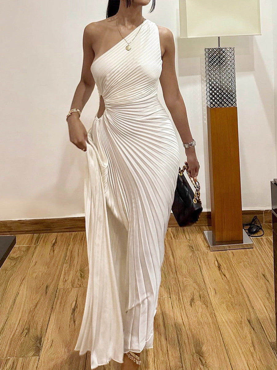 Women Elegant Long Dress Summer Sleeveless One-shoulder Pleated Hollowed Irregular Dress for Cocktail Party Beach Sundress Y2K