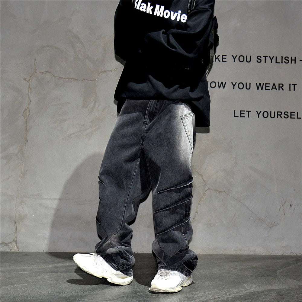 High Quality Black Vintage Casual Gradient Cargo Jeans Streetwear Straight Leg Jeans Hip Hop Denim Pants Kpop Trousers Male