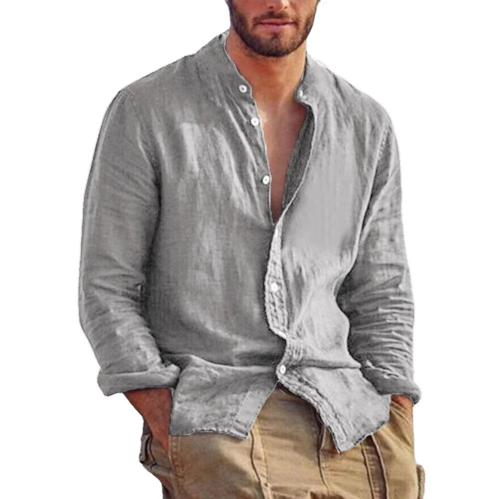 Men's Solid Color Long Sleeve Shirt Linen Cotton Shirts Trend Plus-size Stand Collar Casual Lightweight Beach Tops