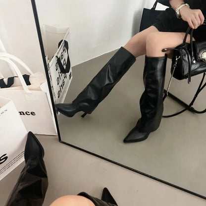 White Knee High Boots Women Pointed Toe Stiletto Long Boots Brown Designer High Heels Trousers Black Shoes Botines De Mujer