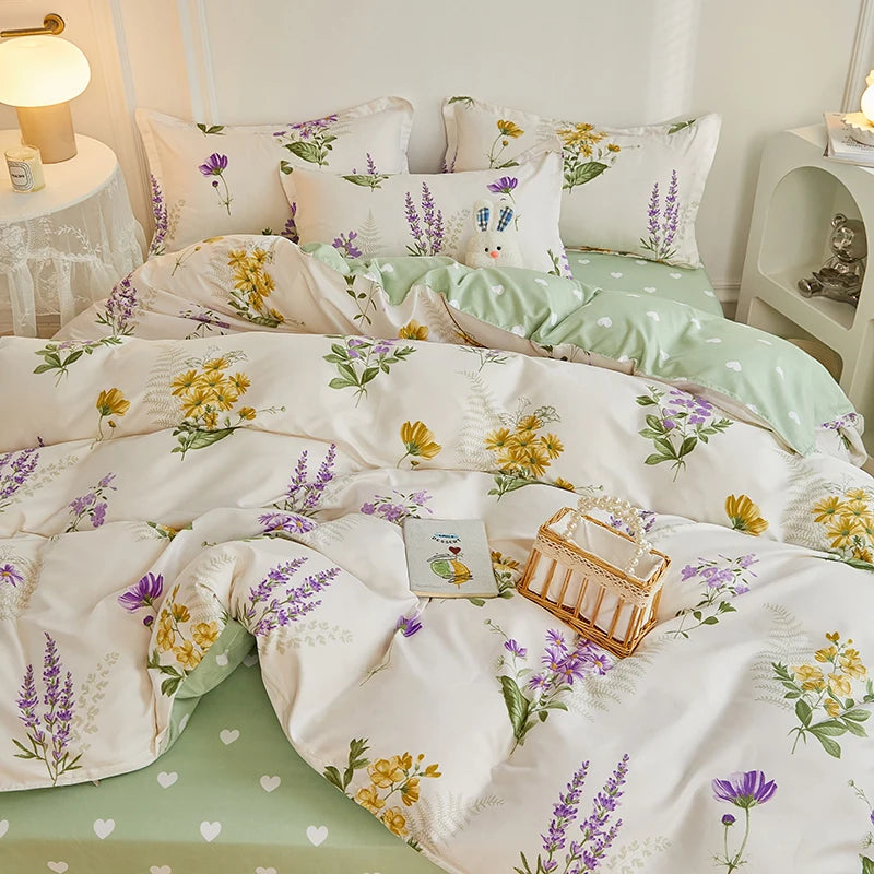 4 Pieces Bedding Set Country Romantic Lavender Flower Duvet Cover Set Purple Yellow Floral Quilt Cover Microfiber Bedspread Set