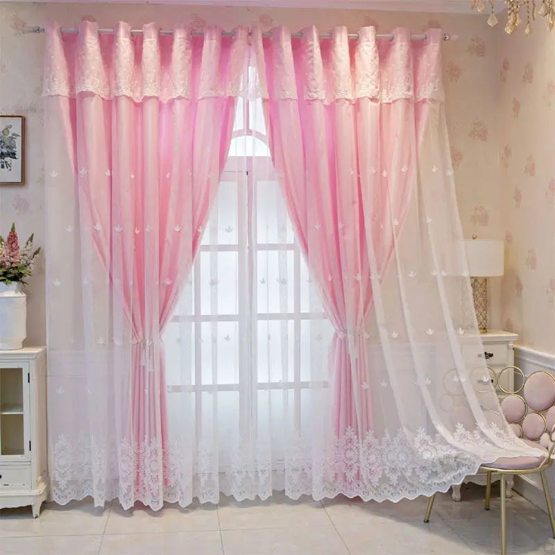 1 Panel 140cm Width Semi Blackout Curtain for Living Room Bedroom Girl Princess Style Double Layer Curtain