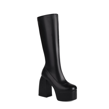 2024 Plus Size Ultra High Contoured Thick Heel Side Zipper Women's Knee Length Boots High Waterproof Platform Fashion Show Boots