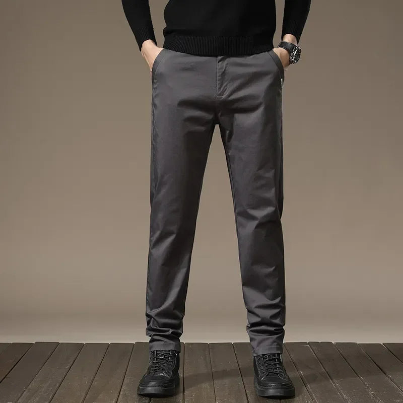 Autumn New Pure Cotton Casual Pants for Men Black Khaki Gray Business Slim Straight Elastic Fashion Casual Long Pants Male