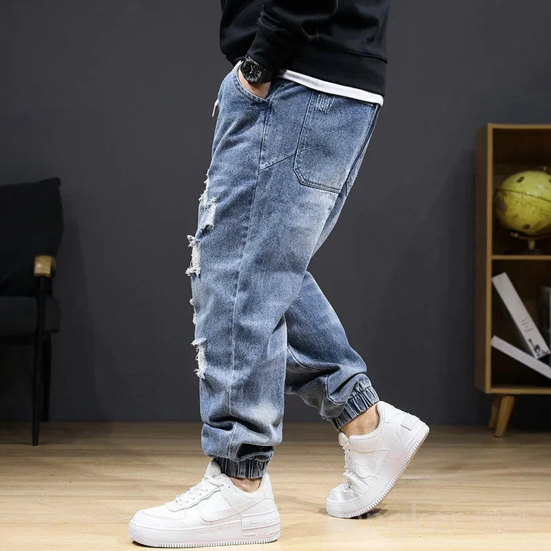 Large size jeans autumn winter section jeans men stretch elastic men high waist plus size hole trousers 8XL 7XL ripped jeans