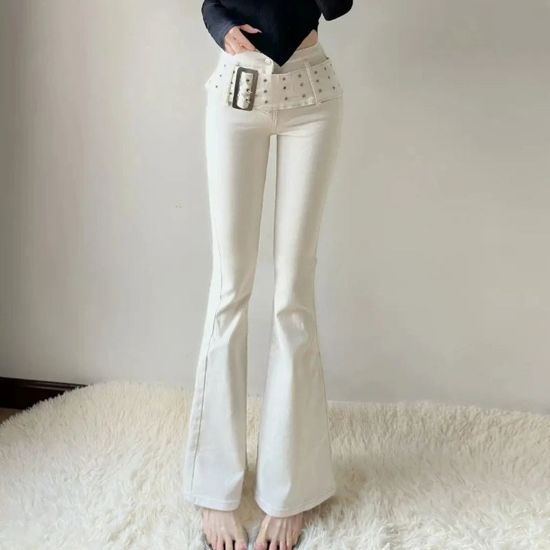 Skinny Flared Trousers Slim Fit High Waist Shot Cowboy Pants for Woman Gyaru Wide Leg Trend 2025 Stylish Z R Women's Flare Jeans