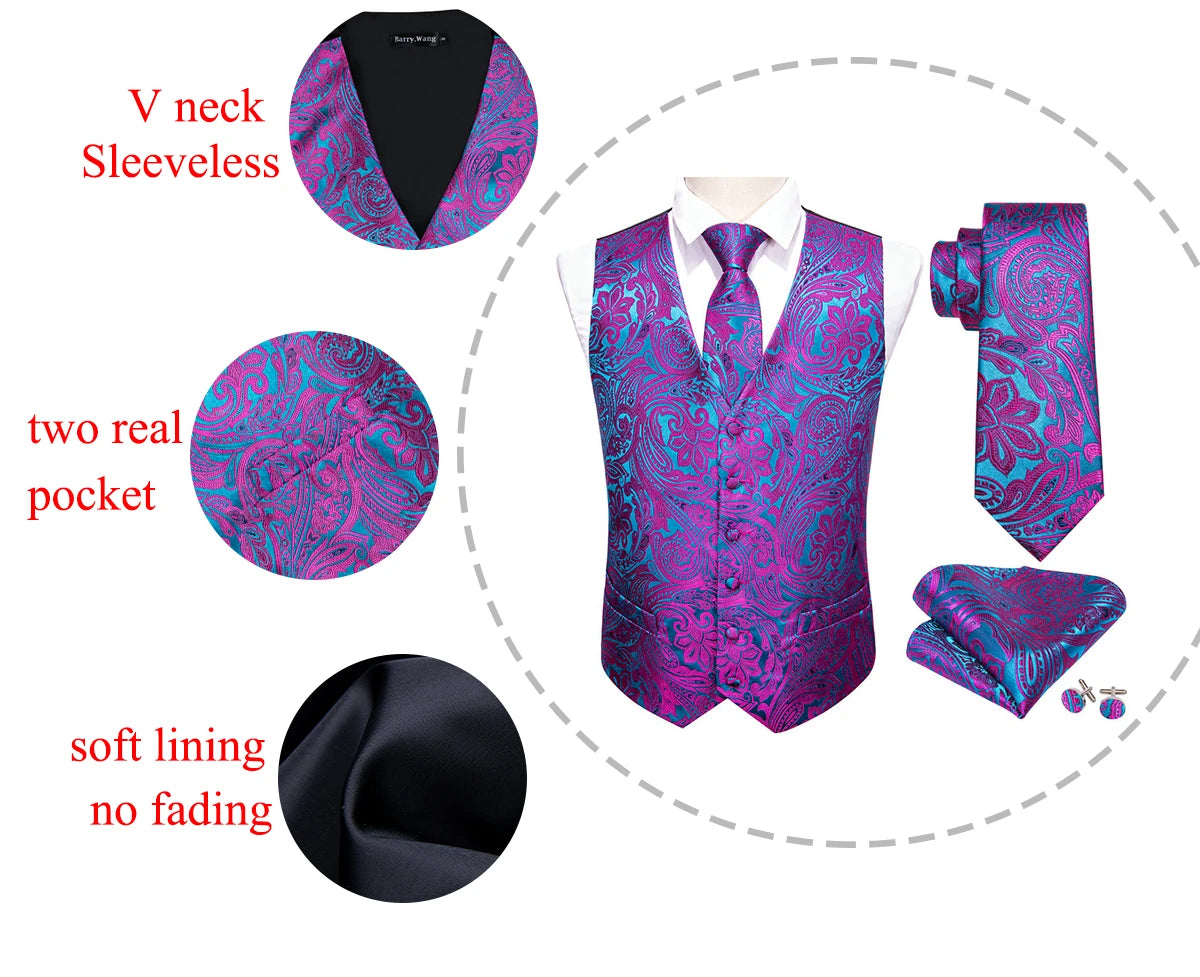 Designer Vest for Men Silk Embroidered Red Burgundy Paisley Waistcoat Tie Pocket Square Set Slim Fit Wedding Suit Barry Wang