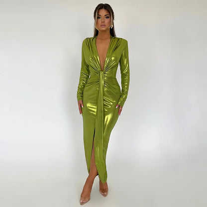 Women Sexy Split Ruched Dress Slim Long Sleeve Wrap Bodycon Dress Female Office Ladies Elegant Evening Dress Robe 2023 Autumn