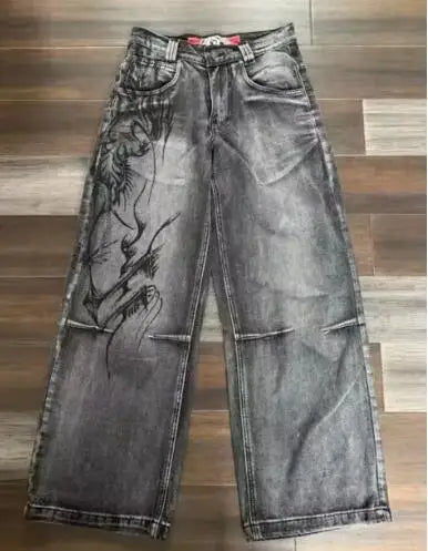 2024 American Retro Jeans Y2K Big Pattern Trousers Loose Jeans Gothic High Waist Wide Pants Street Wear Trousers