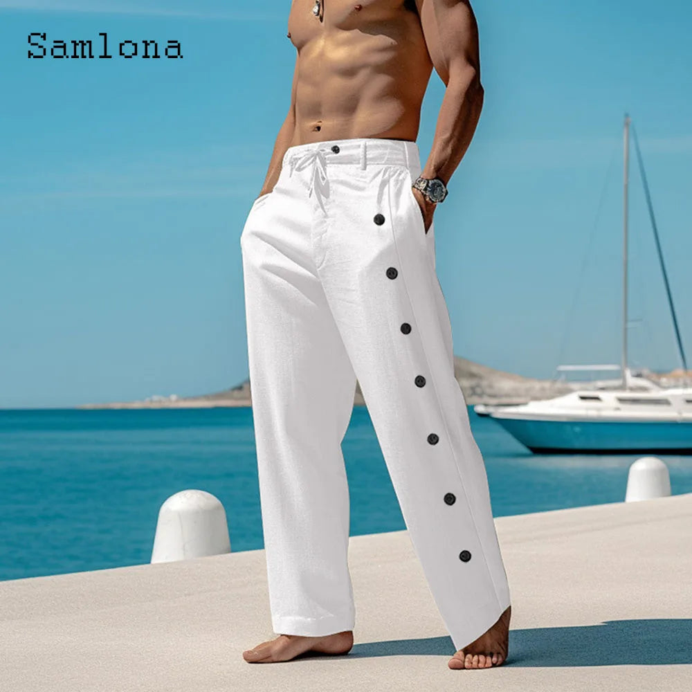 2024 Men Elegant Triple Buttons Cotton Linen Pants Solid White Full-Length Trouser Plus Size Mens Casual Drawstring Sweatpants