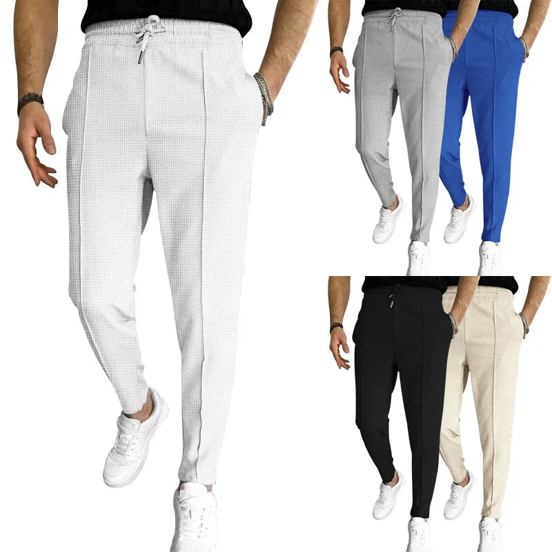 Men's Pants, Street Ruffled Solid Color Casual Waffle Pants, Four Seasons Travel New Breathable Loose Fitness Jogging Pants 2024