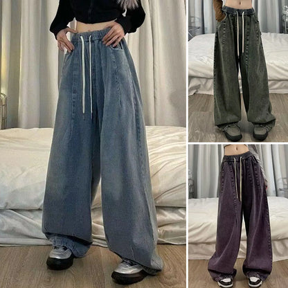 1Pc Trendy Oversize Jeans Zipper Fly/Drawstring Dressing Up Brushed Pants Thin Baggy Jeans Retro Wide Leg Man Pants Men Clothing