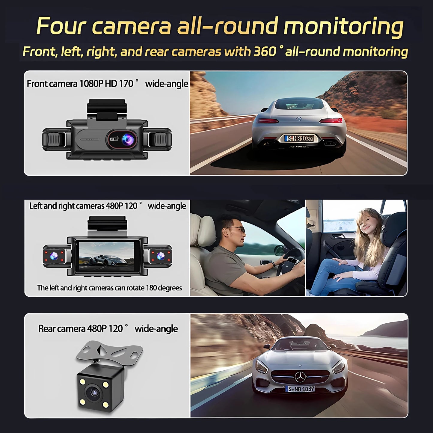 Caméra embarquée 4 canaux Wifi Full HD1080P DVR de voiture 4 caméras Caméra embarquée Enregistreur vidéo Super vision nocturne Boîte noire Cabine 4 objectifs caméra