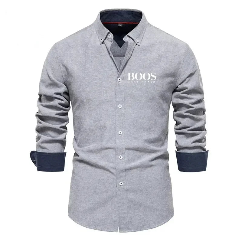 Embroidered New Spring and Autumn Pure Cotton Shirt Men's Solid Color High-quality Long Sleeved Shirt Men's Lapel Casual Top