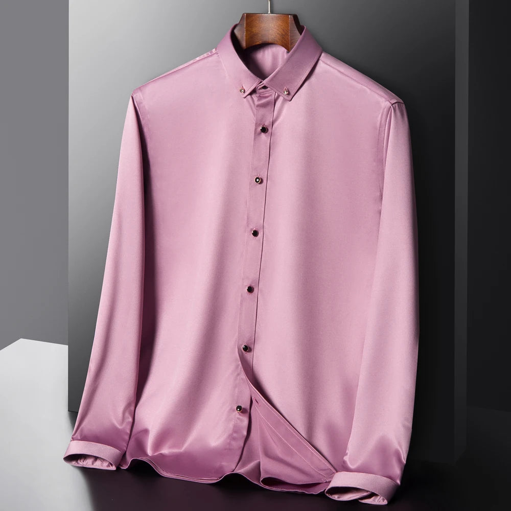 Elegant Men's Long Sleeve Dress Shirt - Silk-Feel, Stretch Fabric with Diamond Buttons, - Perfect for Formal Occasions & Parties