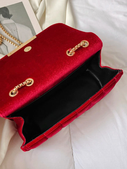 Neon Red Flap Chain Square Bag Velor Leather Fashionable Dating Gift Shoulder & Crossbody Bag With Chain Strap For Women