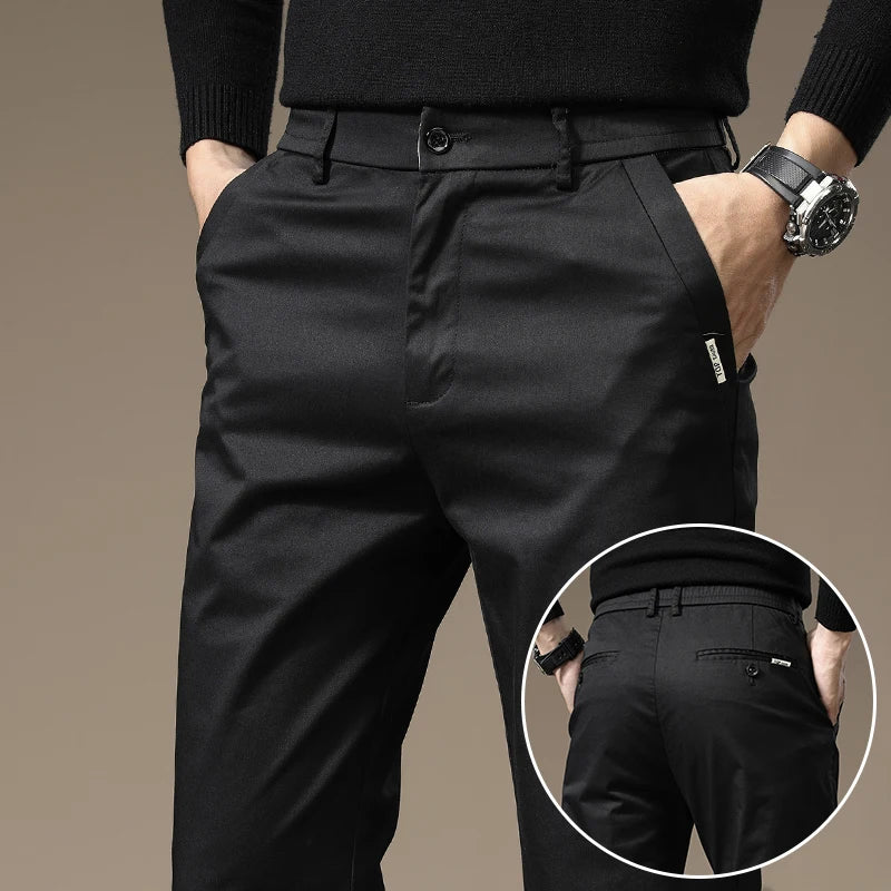 Autumn New Pure Cotton Casual Pants for Men Black Khaki Gray Business Slim Straight Elastic Fashion Casual Long Pants Male