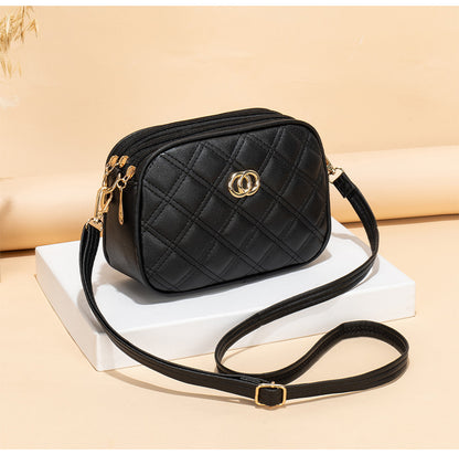 Large Capacity Three Zipper Crossbody Bag, New Fashionable and Simple Diamond Shaped Wave Embroidered Monochrome Camera Bag