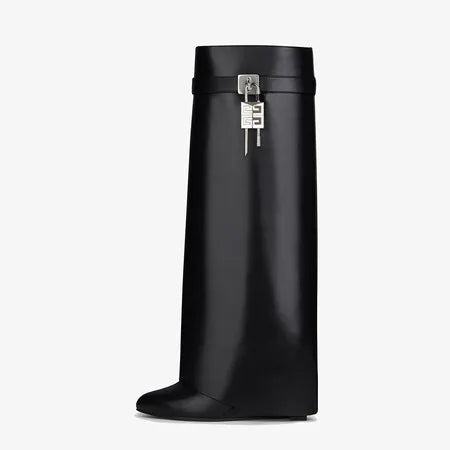 Women's new small round head trouser leg knee high metal lock buckle decoration silver wedge heel knee high boots