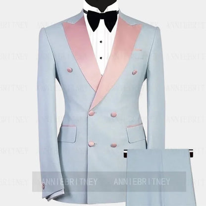 Sky Blue Double Breasted Elegant Men Suit Formal Groom Tuxedo Prom Slim Fit Blazer High Quality Custom 2 Piece Set Costume Homme